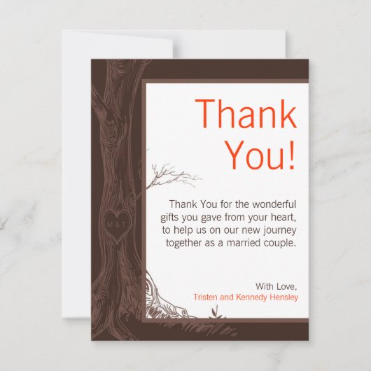 4x5平らなサンキューカードの秋の木のイニシャルの彫刻 サンキューカード (正面)