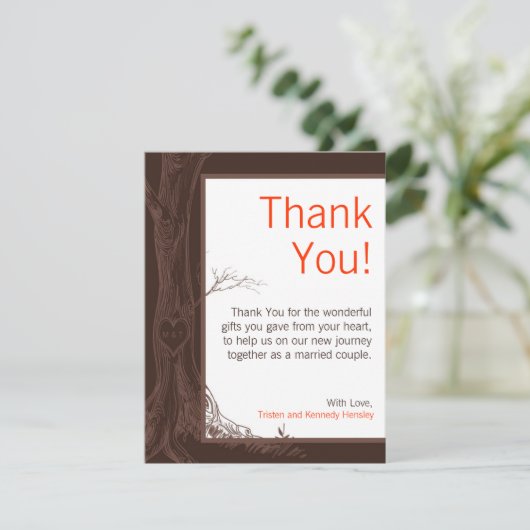 4x5平らなサンキューカードの秋の木のイニシャルの彫刻 サンキューカード (スタンド正面)