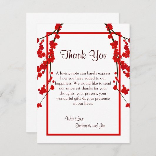 4x5平らなサンキューカードの赤い桜 サンキューカード (正面/裏面)