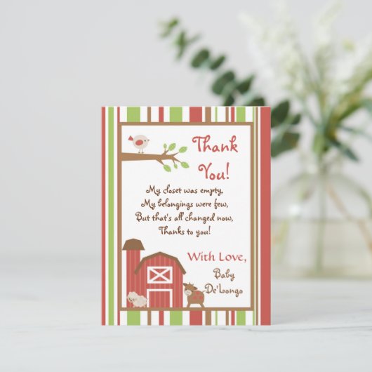 4x5平らなサンキューカードの赤い納屋の農場 サンキューカード (スタンド正面)