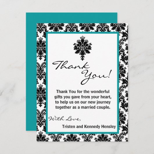 4x5平らなサンキューカードの黒のティール(緑がかった色)のダマスク織のレース サンキューカード (正面/裏面)