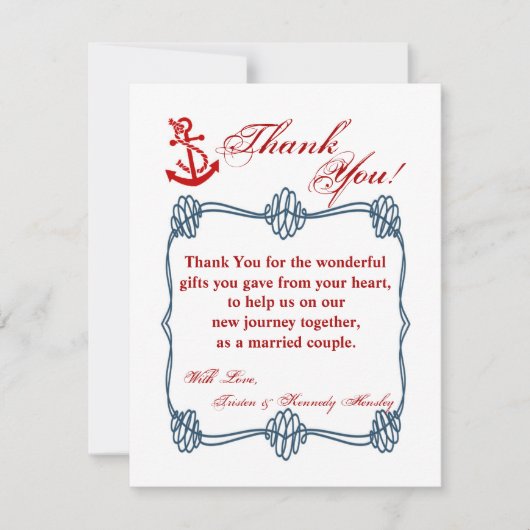 4x5平らなサンキューカード海軍航海のな結び目のいかり サンキューカード (正面)