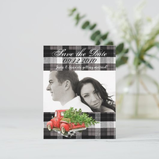 4x5日付カードの保存クリスマストラックバッバロープレイドBl 招待状 (スタンド正面)