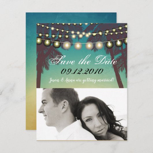 4x5日付カードの保存ビーチサンセットパームツリーズStr 招待状 (正面/裏面)