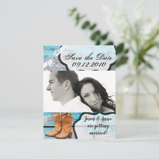 4x5日付カードブルーウッドバーンドアブーツを保存 招待状 (スタンド正面)