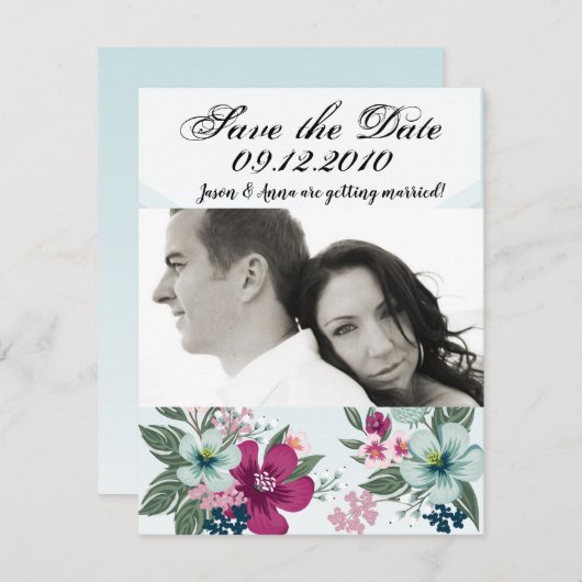 4x5日付カード熱帯花を青いOmbに保存 招待状 (正面/裏面)