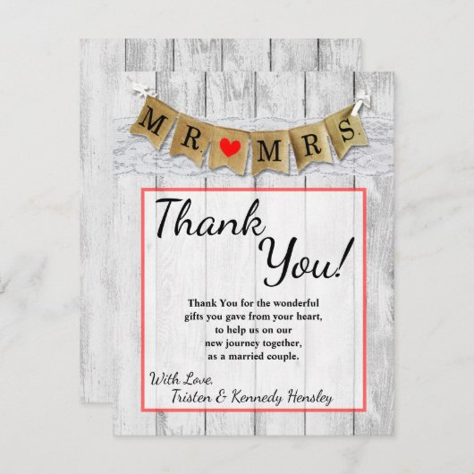 4x5 FLATサンキューカードBurlapミスターとミセス・バナー サンキューカード (正面/裏面)