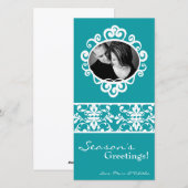 4x8ティール(緑がかった色)ホワイトダマスクフレームPHOTOクリスマスカード シーズンカード (正面/裏面)