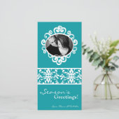 4x8ティール(緑がかった色)ホワイトダマスクフレームPHOTOクリスマスカード シーズンカード (スタンド正面)