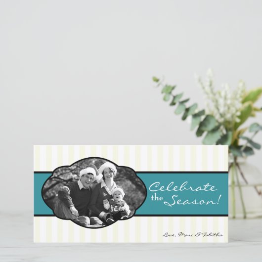 4x8ティール(緑がかった色)ホワイトフレストライプのームPHOTOクリスマスカード シーズンカード (スタンド正面)