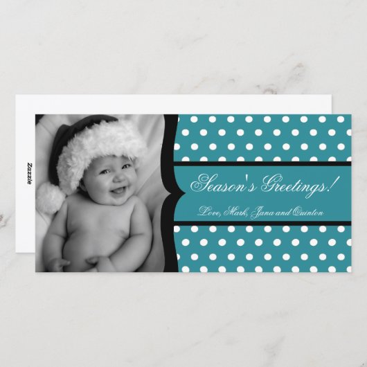 4x8ティール(緑がかった色)ホワイトポルカフレームPHOTOクリスマスカード シーズンカード (正面/裏面)