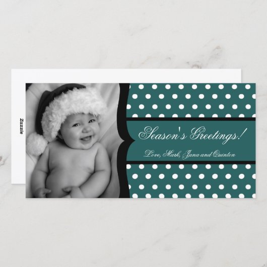 4x8ティール(緑がかった色)ホワイトポルカフレームPHOTOクリスマスカード シーズンカード (正面/裏面)