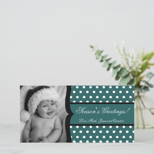 4x8ティール(緑がかった色)ホワイトポルカフレームPHOTOクリスマスカード シーズンカード (スタンド正面)