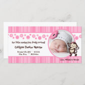 4x8ピンクのサルポップ・アートのガールフォト誕生のお知らせ 案内状 (正面/裏面)