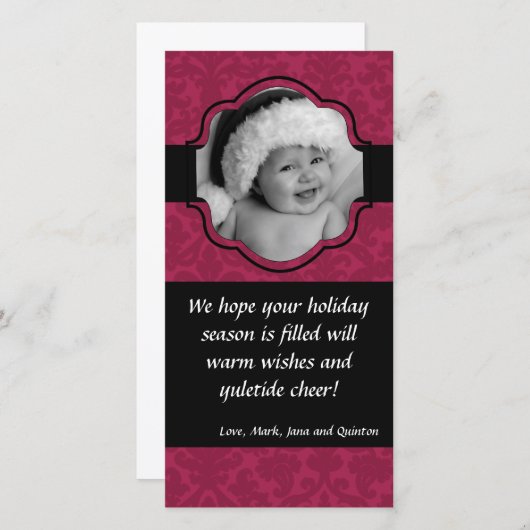 4x8ピンクのダマスク織のリボンフレームの写真のクリスマスカード シーズンカード (正面/裏面)
