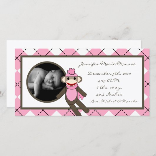 4x8ピンクソックアーガイルモンキー誕生のお知らせ 案内状 (正面/裏面)
