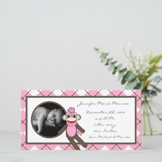 4x8ピンクソックアーガイルモンキー誕生のお知らせ 案内状 (スタンド正面)