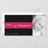 4x8ピンクブラックダマスクフレームPHOTOクリスマスカード シーズンカード (正面/裏面)