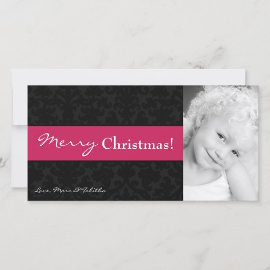 4x8ピンクブラックダマスクフレームPHOTOクリスマスカード シーズンカード (正面)