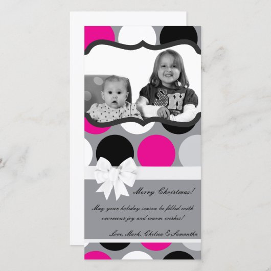4x8ホットピンクブラック水玉模様PHOTOクリスマスカード シーズンカード (正面/裏面)