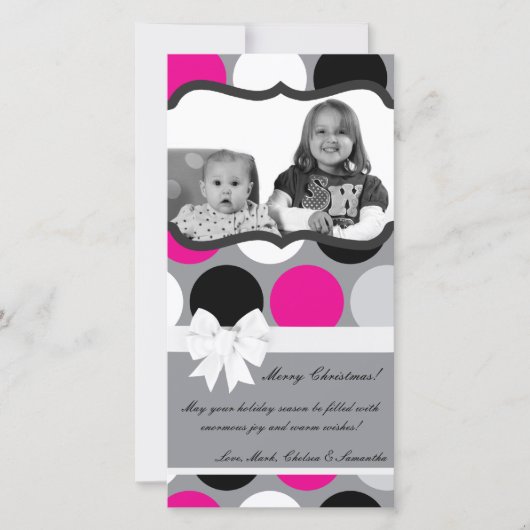 4x8ホットピンクブラック水玉模様PHOTOクリスマスカード シーズンカード (正面)