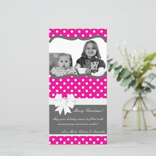 4x8ホットピンクブラック水玉模様PHOTOクリスマスカード シーズンカード (スタンド正面)