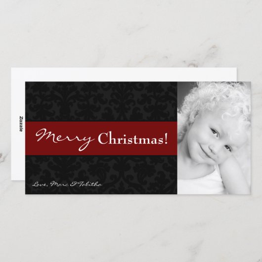 4x8レッドブラックダマスクフレームPHOTOクリスマスカード シーズンカード (正面/裏面)