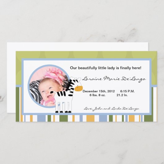 4x8写真誕生のお知らせSafari Friends Zebra 案内状 (正面/裏面)