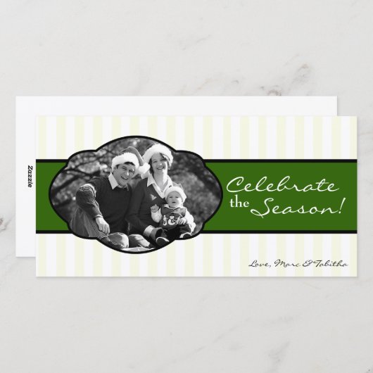 4x8緑の白いフレームストライプのPHOTOクリスマスカード シーズンカード (正面/裏面)