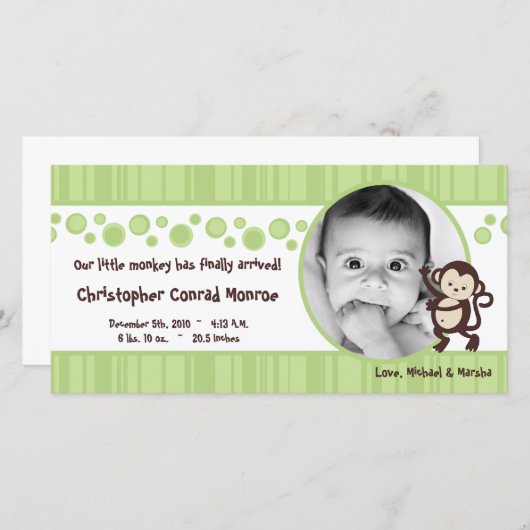 4x8 Green Monkey ポップ・アートの Neut写真の誕生のお知らせ 案内状 (正面/裏面)