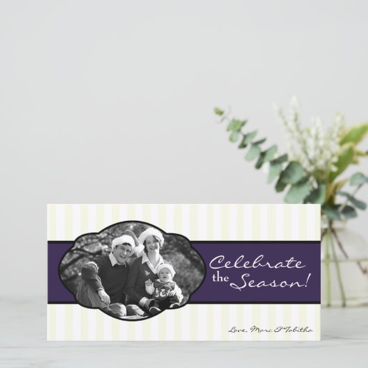 4x8 purplホワイトフレームストライプのPHOTOクリスマスカード シーズンカード (スタンド正面)