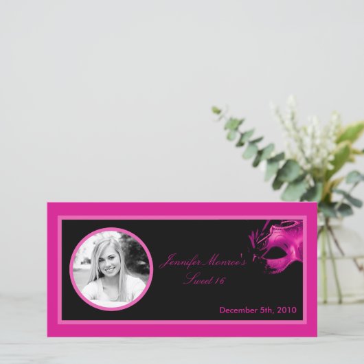 4x8 Sweet 16ホットピンクブラックパーティー発表 案内状 (スタンド正面)
