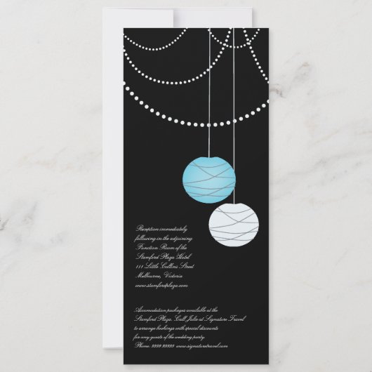 4x9招待を結婚する長い水の青書のランタン 招待状 (裏面)