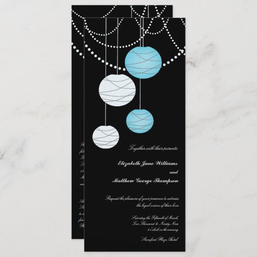 4x9招待を結婚する長い水の青書のランタン 招待状 (正面/裏面)