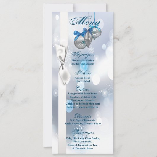4x9.25メニューカードオーナメント雪片スノーフレーク 招待状 (正面)