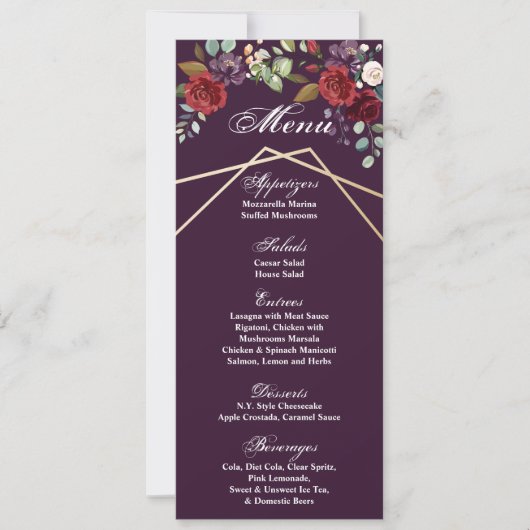 4x9.25メニューカードプラムパープルバラ金ゴールド幾何学模様 招待状 (正面)