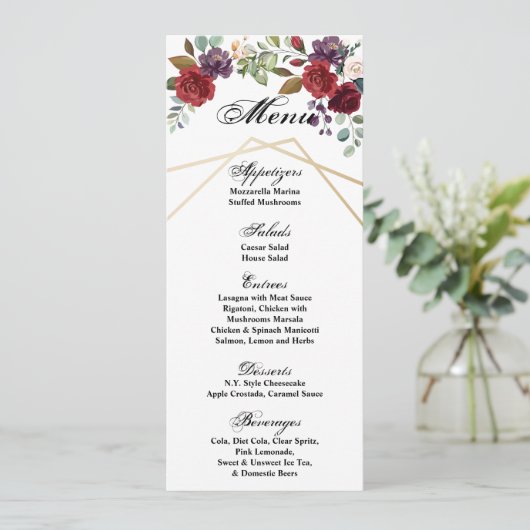 4x9.25メニューカードホワイトローズ金ゴールドジオメトリフローラ 招待状 (スタンド正面)