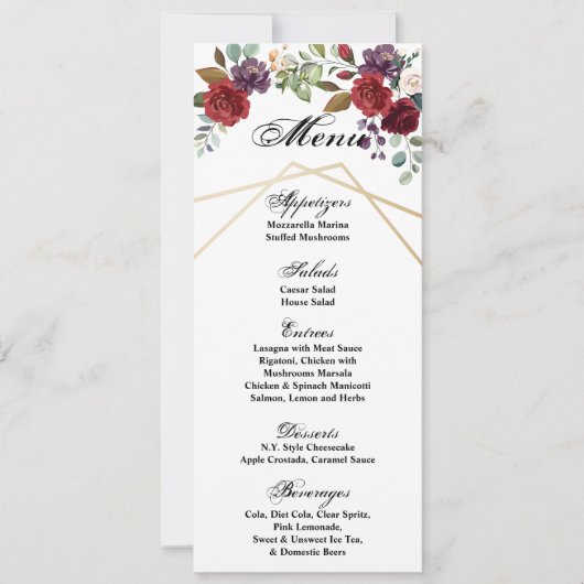 4x9.25メニューカードホワイトローズ金ゴールドジオメトリフローラ 招待状 (正面)