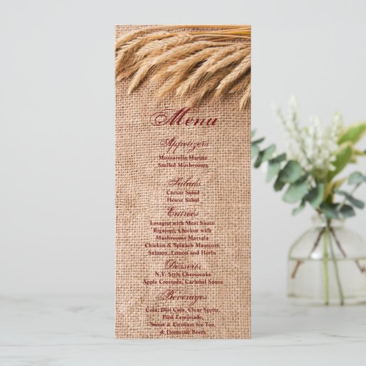 4x9.25メニューカードBurlap Sack Country Rusの小麦 招待状 (スタンド正面)