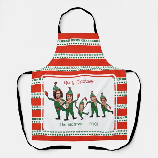 5つのおもしろい小妖精や小人の家族の赤い緑のクリスマス エプロン (正面)