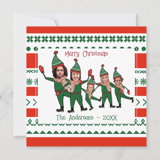5つのおもしろい小妖精や小人の家族の赤い緑のクリスマス シーズンカード (正面)