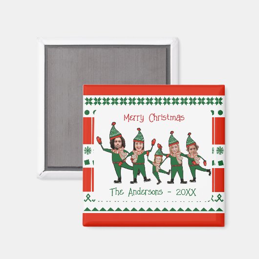 5つのおもしろい小妖精や小人の家族の赤い緑のクリスマス マグネット (正面/裏面)