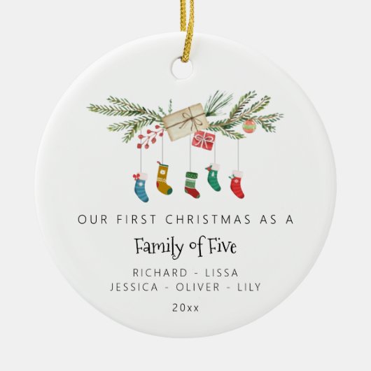 5つのカスタムホリーストッキングのクリスマスの家族 セラミックオーナメント (正面)