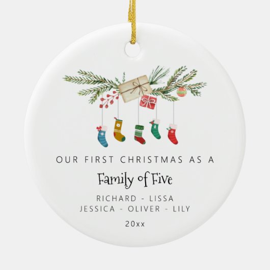 5つのカスタムホリーストッキングのクリスマスの家族 セラミックオーナメント (裏面)