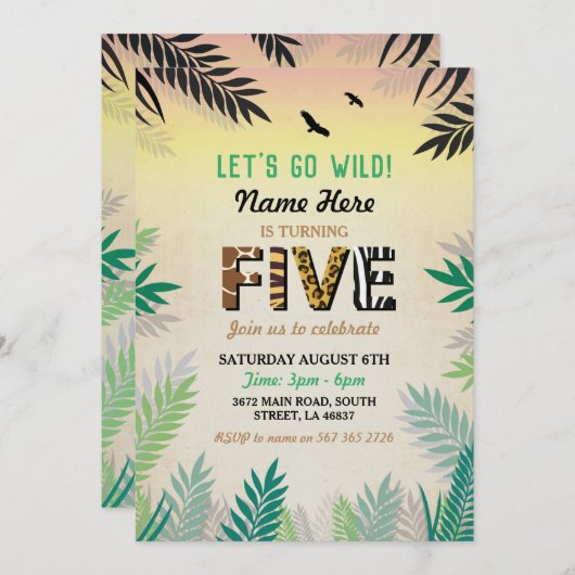 5つのジャングル5thバースデーパーティサファリ動物園招待状 招待状 (正面/裏面)