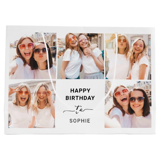 5つのフォトグリッド |白黒ハッピーバースデー ラージペーパーバッグ (裏面)