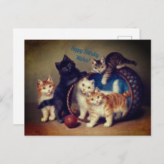 5つのヴィンテージ猫の誕生日の願い|はがき シーズンポストカード (正面/裏面)
