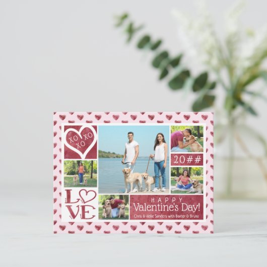 5つの写真のコラージュのワインの水彩画のハートのバレンタイン シーズンポストカード (スタンド正面)