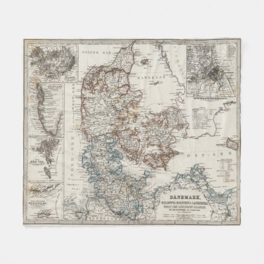 5つの差込地図が付いているデンマークの地図書の地図 フリースブランケット (正面(横))
