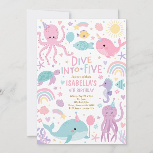 5つの海の生き物5th誕生日パーティーに飛び込む 招待状 (正面)